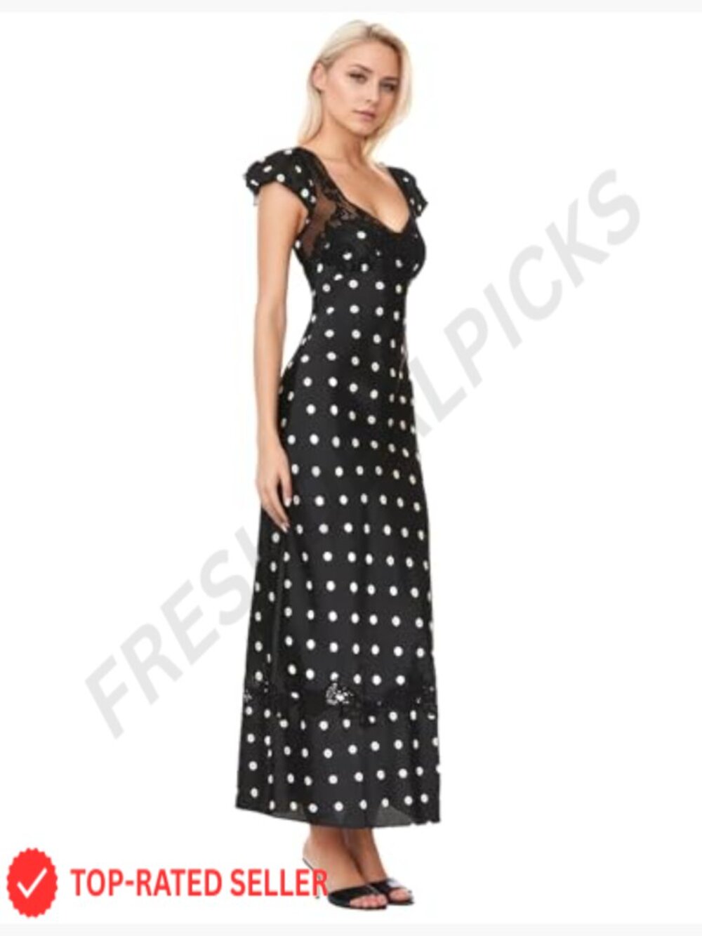 Women Polka Dot Maxi Dress Boho Lace Patchwork A-Line V-Neck Cap Sleeve - Picture 2 of 7